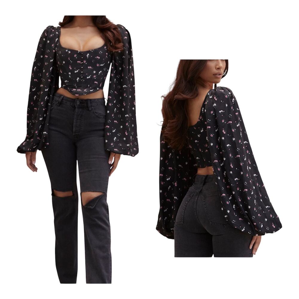 NWT House of CB Jouca Black Floral Corset Top XS Long Balloon Sleeve Feminine